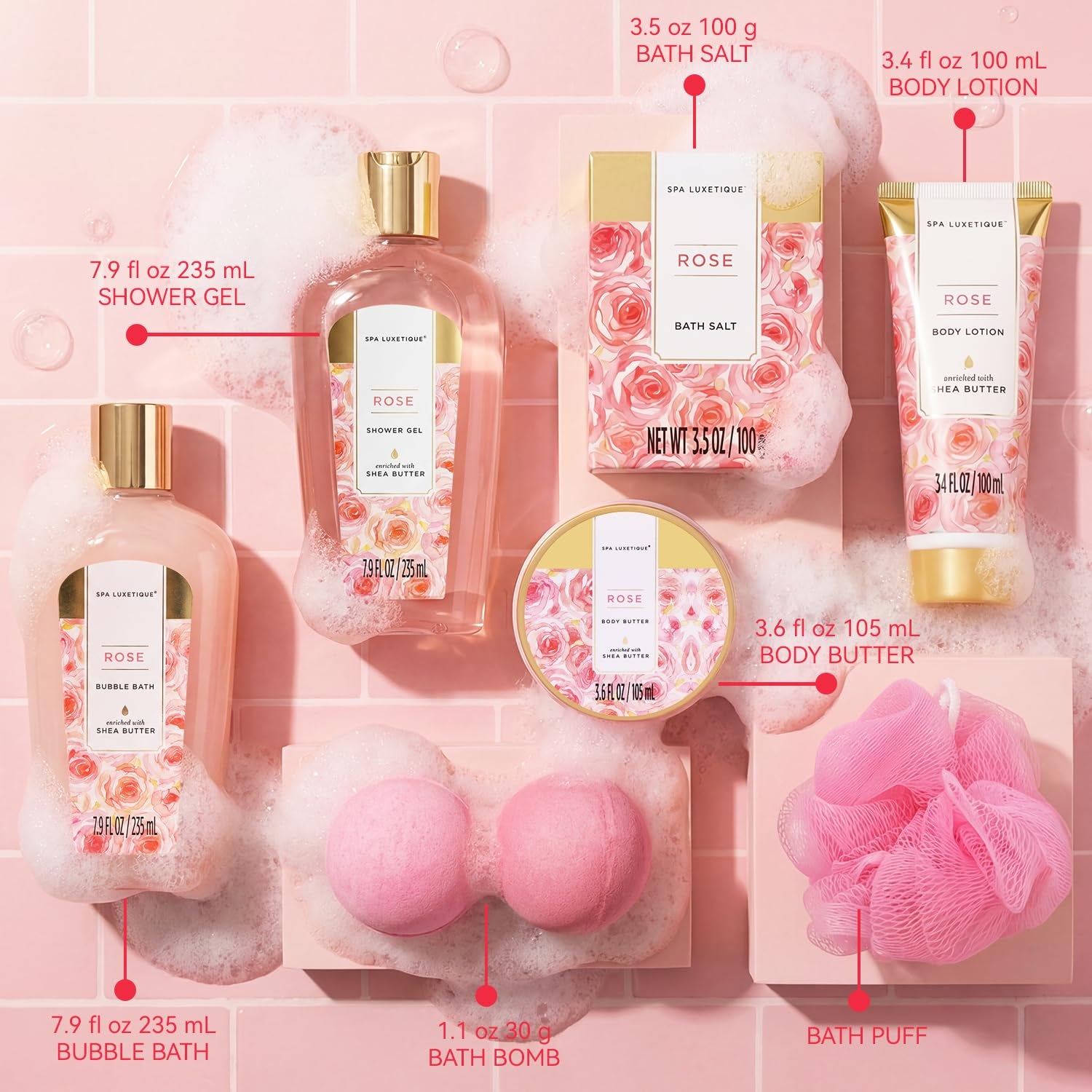 Gift Set for Women, Bath Sets for Women Gift, 8 Pcs Rose Spa Basket Includes Bubble Bath, Shower Gel, Body Lotion, Mom Birthday Gifts, Mother‘S Day Gifts for Her