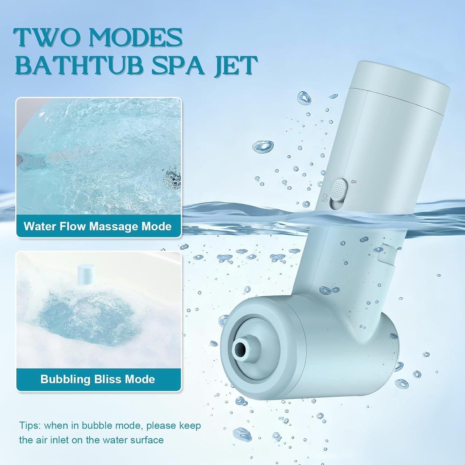 Bath Jet Spa, Impact Force 65 Kpa Rechargeable Bath Jet for Tub, Bubble and Jet Two Mode, Cordless Portable Bathtub Accessories with Adjustable Speed, Bathtub Jets for Home Spa, Relaxing (Blue)