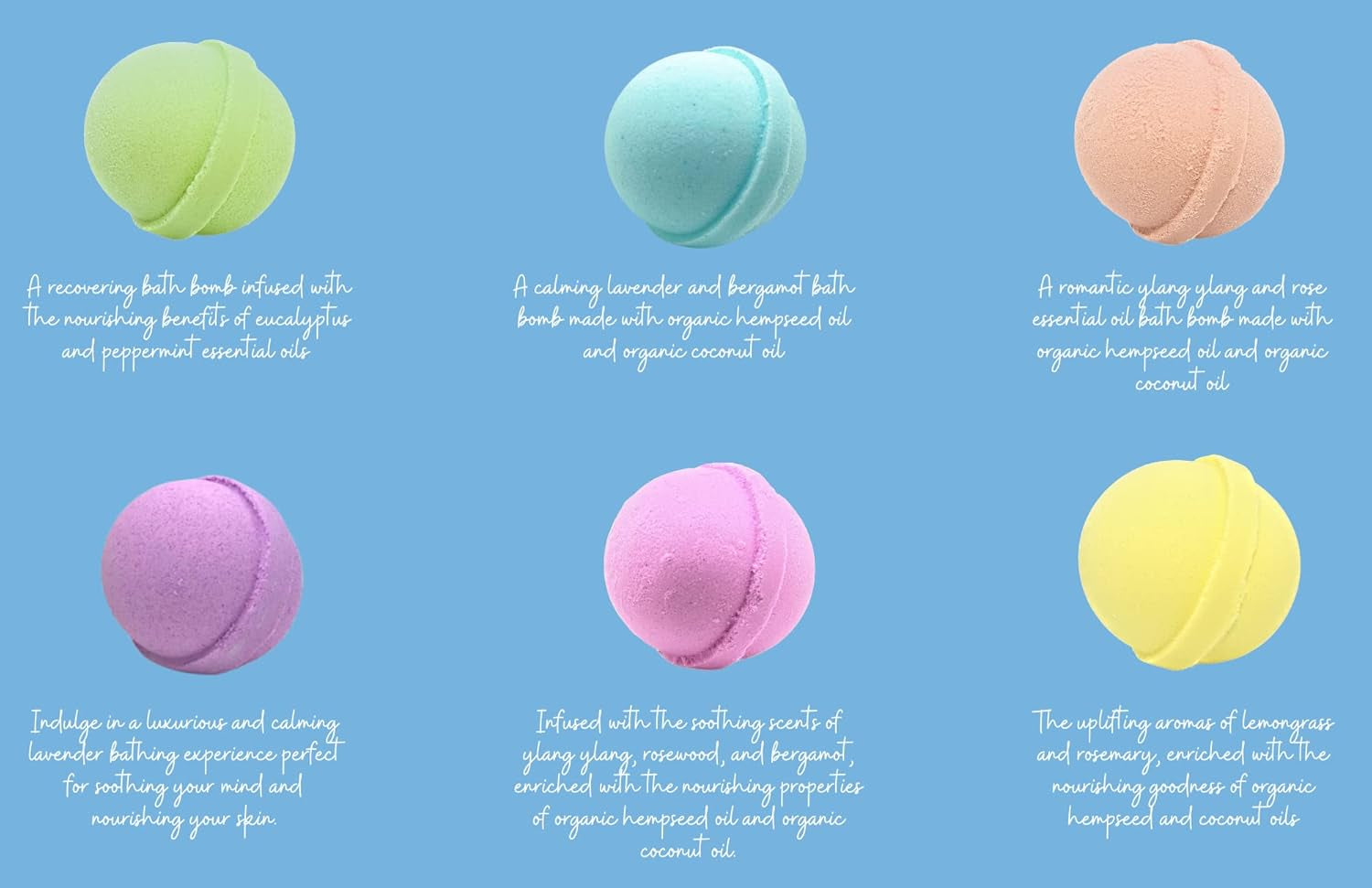 Variety 6 Pack Bath Bombs Organic Hempseed & Organic Coconut Oil Handmade in the USA