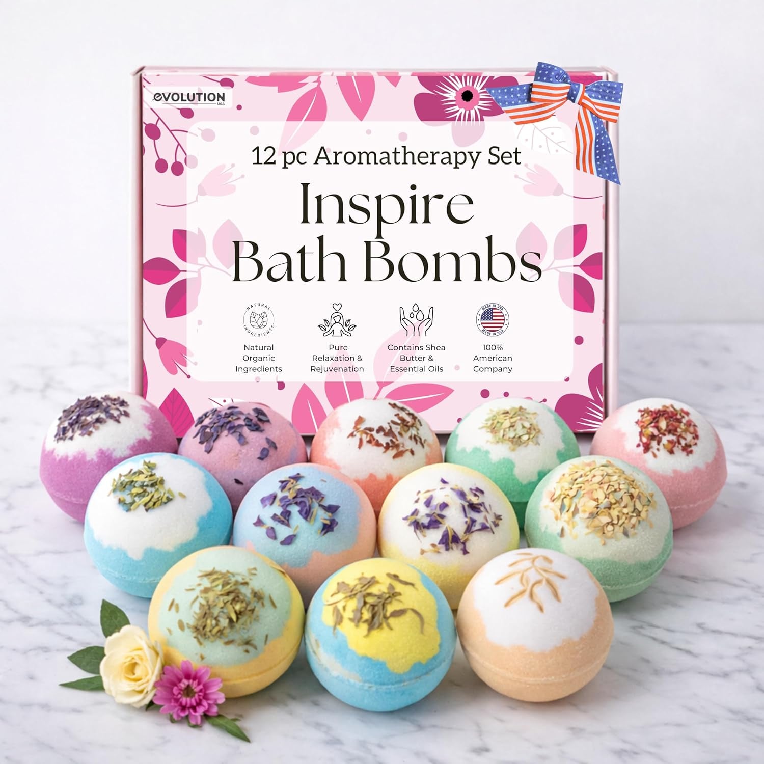 12 Inspire Bath Bombs for Women & Girls – Flower Topped Bath Bombs Girls, Fun Bathbombs Set, Organic Bath Fizzers, Luxury Gift for Mothers Day, Birthday, Christmas, Easter or Self Care