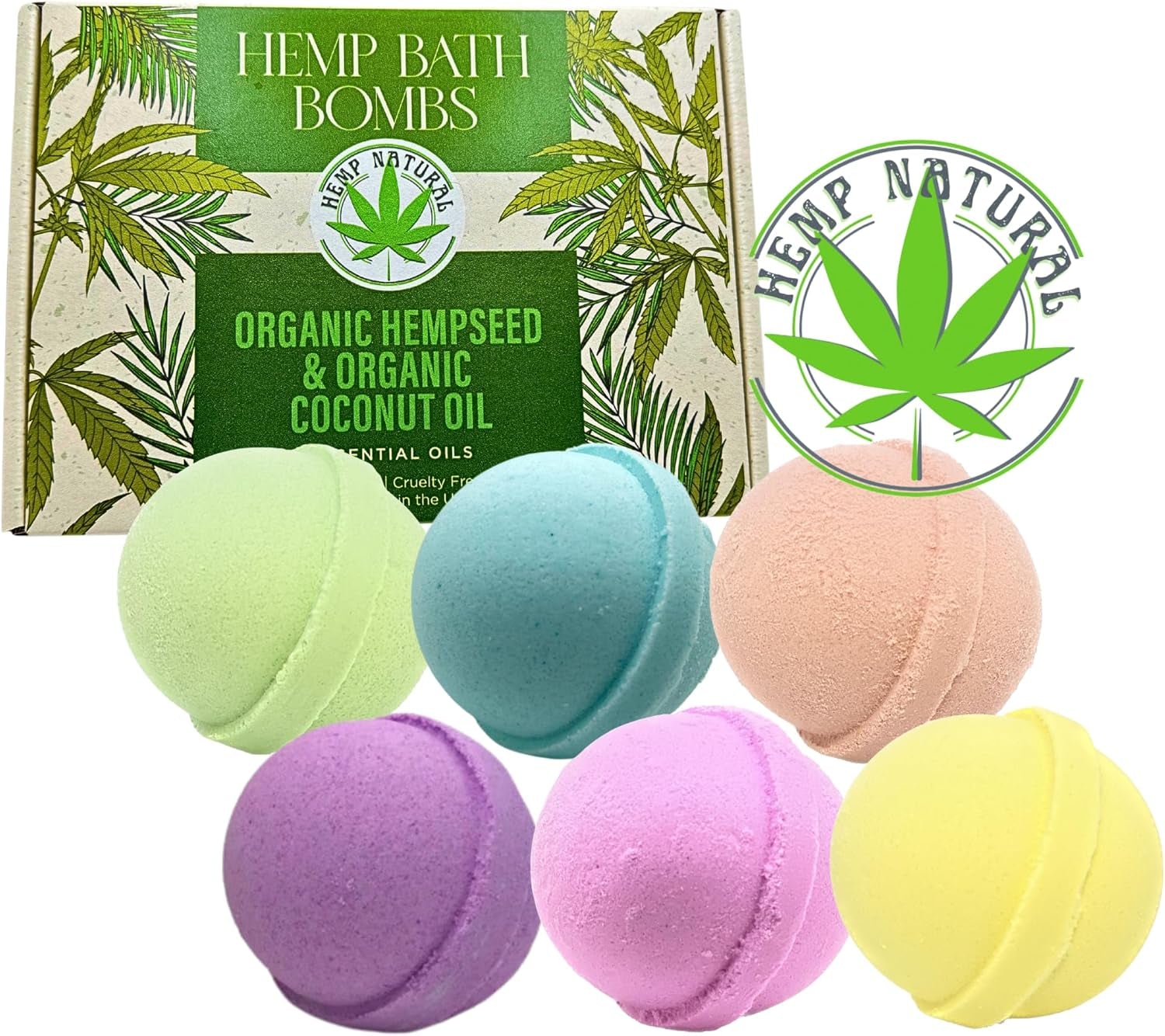 Variety 6 Pack Bath Bombs Organic Hempseed & Organic Coconut Oil Handmade in the USA