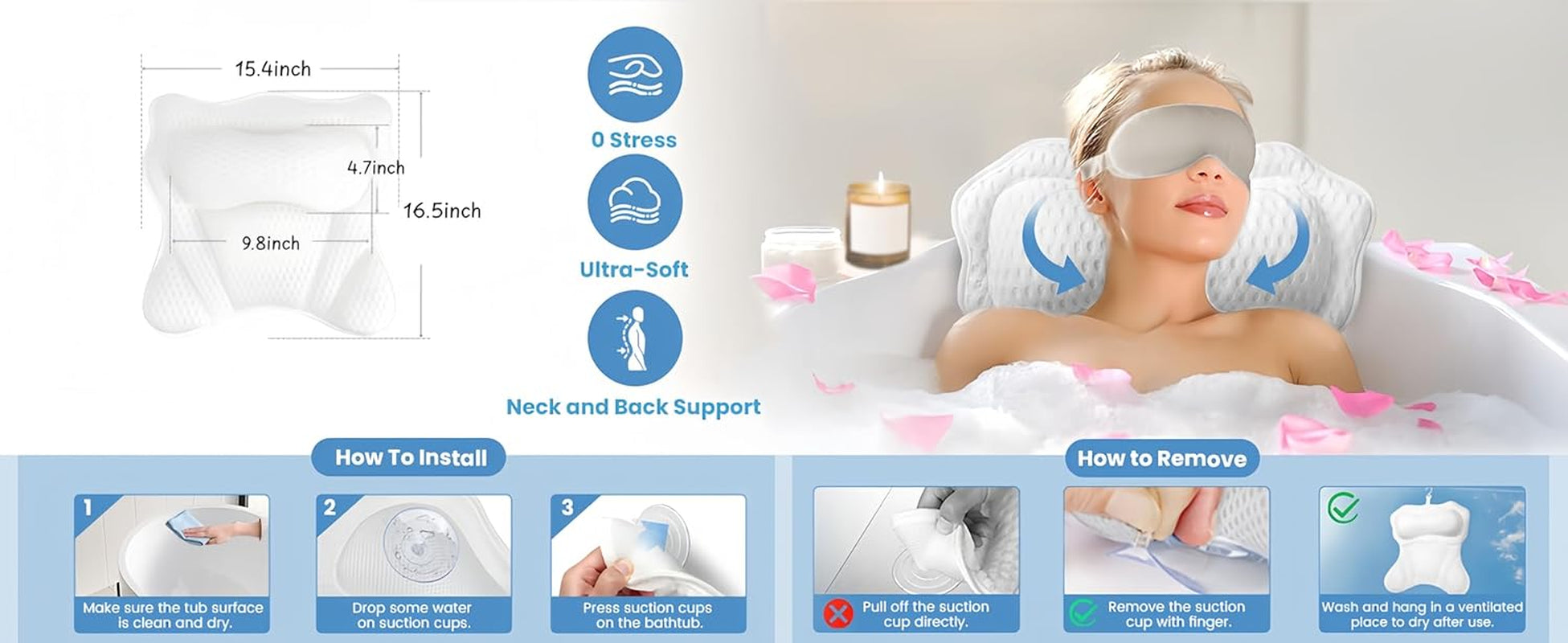 Bath Pillows,Bathtub Pillows for Head and Neck Back Support,Bath Pillows for Tub with Soft 4D Breathable Mesh Fabric and Nonslip Suction Cups,Relaxing Bath Accessories Spa Gifts .(Wave White)