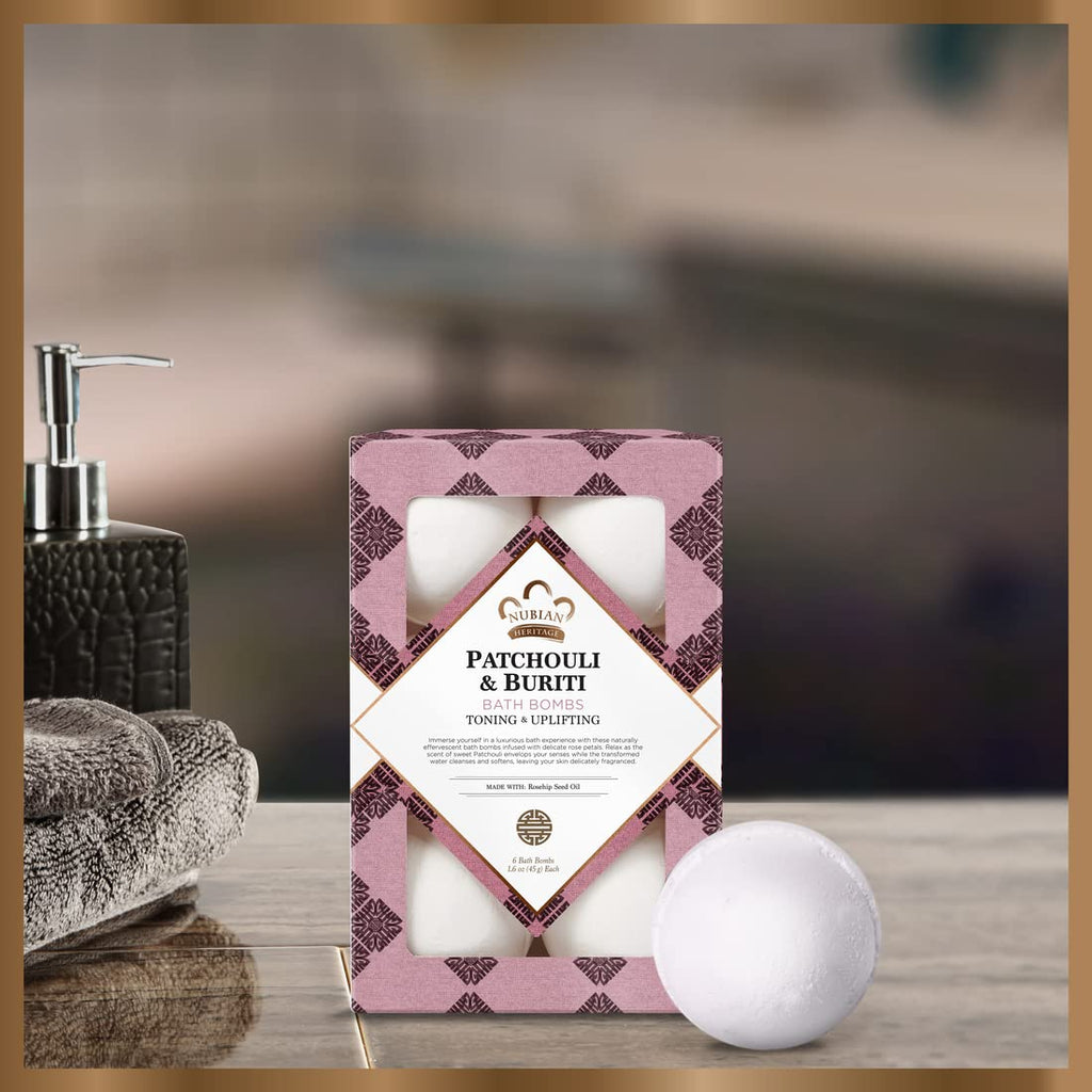 Nubian Heritage Bath Bombs Patchouli and Buriti Uplifting Bath and Body Products 1.6 Oz 6 Count (Pack of 1)