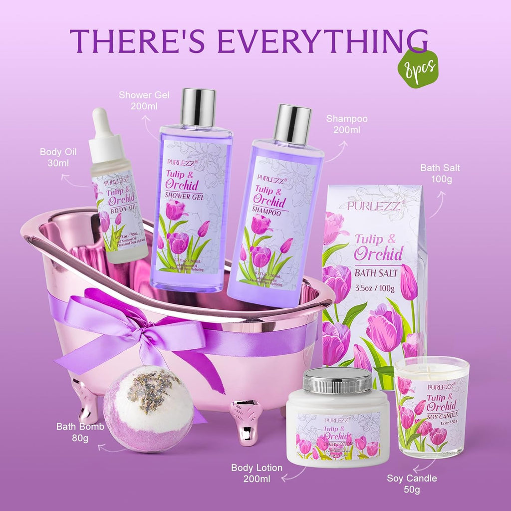 Tulip & Orchid Mother'S Day Gifts for Women, Bath and Body Gift Basket, Spa Gift Basket, Spa Kit, Self-Care Set, Spa Kit for Women Gift Set, Birthday, Christmas, Mom Gift, Anniversary, Bath Gift Set