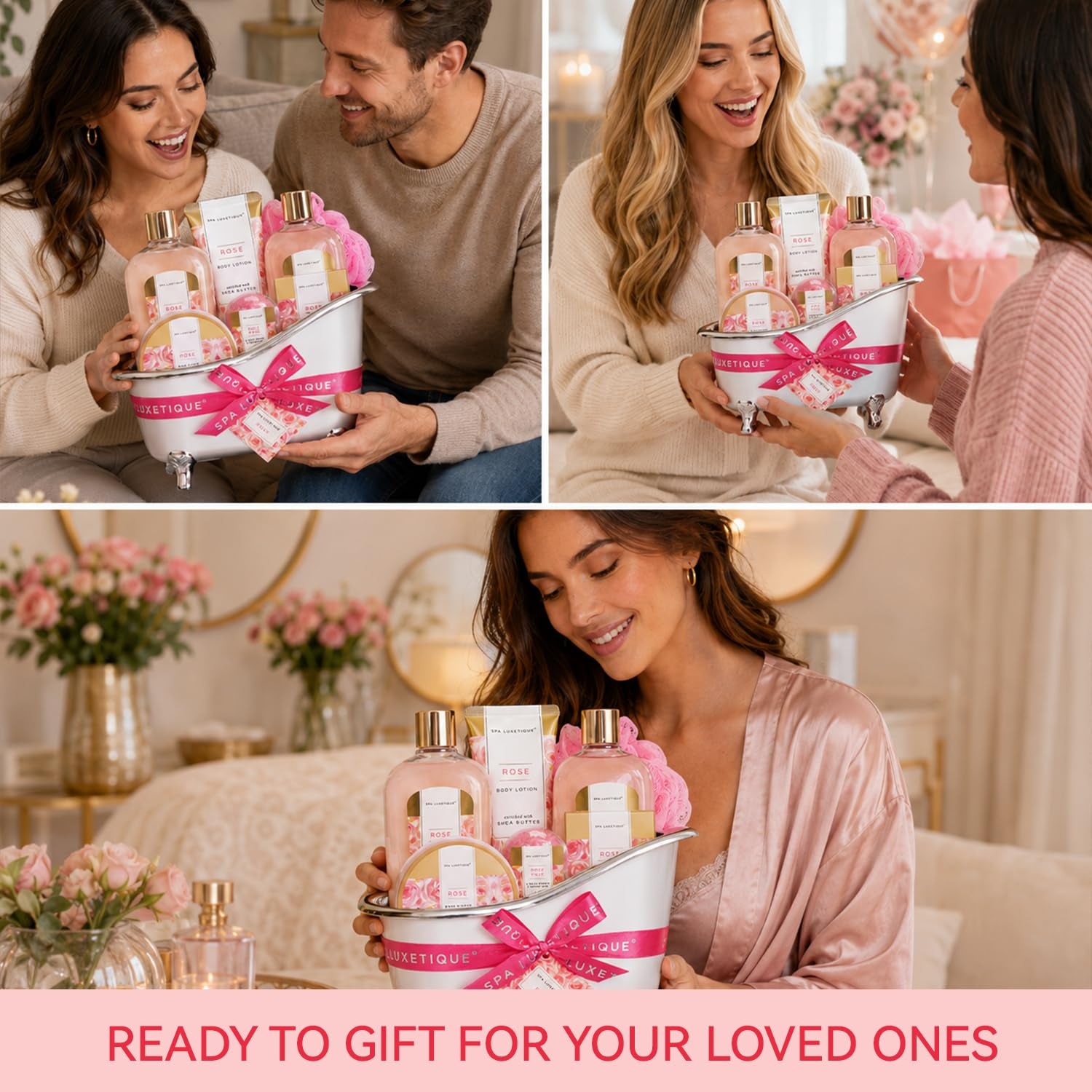 Gift Set for Women, Bath Sets for Women Gift, 8 Pcs Rose Spa Basket Includes Bubble Bath, Shower Gel, Body Lotion, Mom Birthday Gifts, Mother‘S Day Gifts for Her