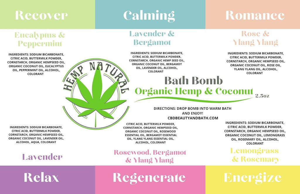 Variety 6 Pack Bath Bombs Organic Hempseed & Organic Coconut Oil Handmade in the USA