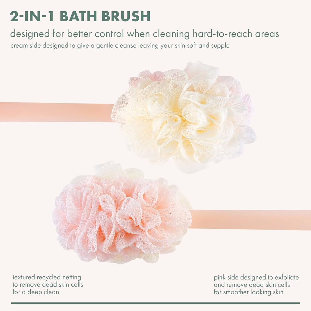 2-In-1 Ecopouf Bath Brush, Loofah Brush for Bath & Shower, with Long Handle & Recycled Netting for Cleansing & Exfoliating, Back Brush for Men & Women, Eco-Friendly & Cruelty-Free, 1 Count
