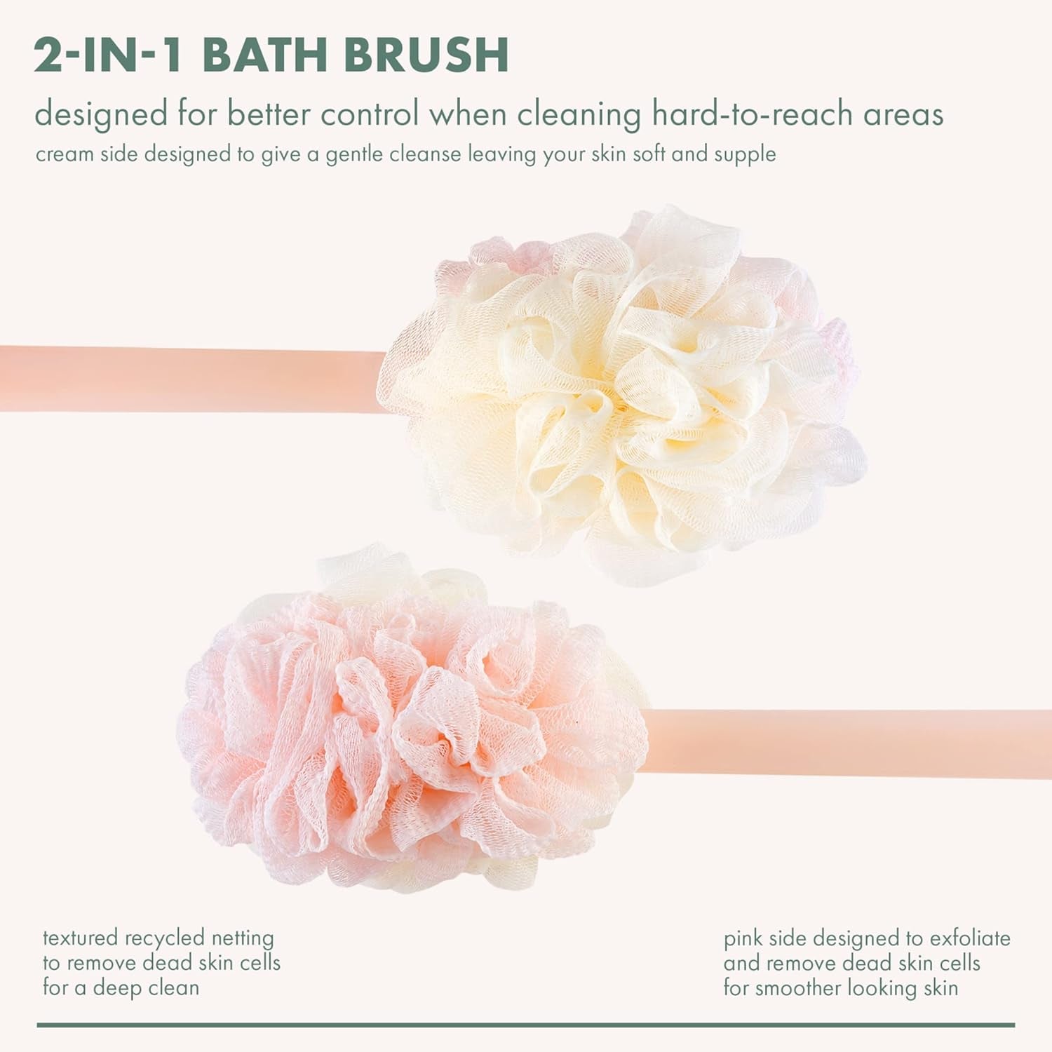 2-In-1 Ecopouf Bath Brush, Loofah Brush for Bath & Shower, with Long Handle & Recycled Netting for Cleansing & Exfoliating, Back Brush for Men & Women, Eco-Friendly & Cruelty-Free, 1 Count