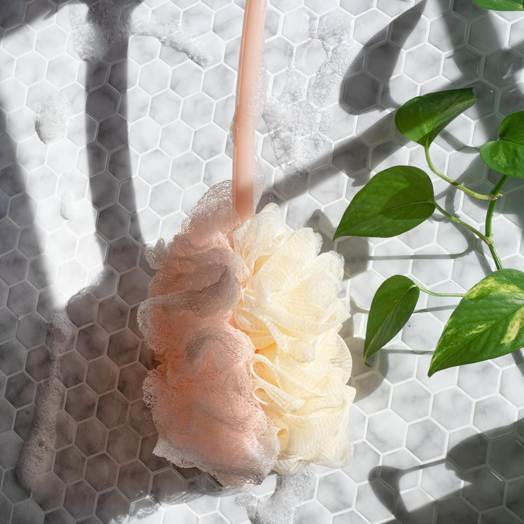 2-In-1 Ecopouf Bath Brush, Loofah Brush for Bath & Shower, with Long Handle & Recycled Netting for Cleansing & Exfoliating, Back Brush for Men & Women, Eco-Friendly & Cruelty-Free, 1 Count
