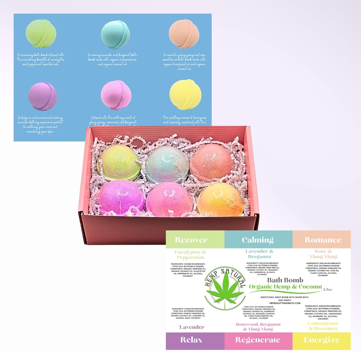 Variety 6 Pack Bath Bombs Organic Hempseed & Organic Coconut Oil Handmade in the USA
