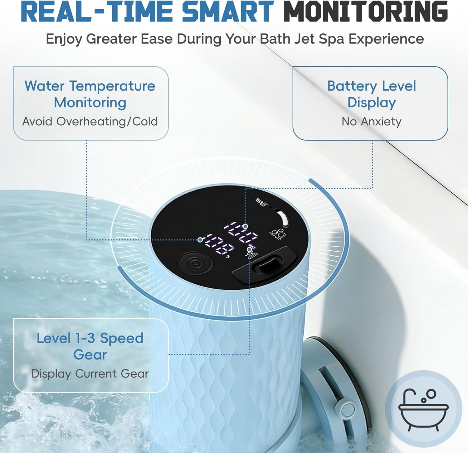 Upgraded Bath Jet SPA for Tub with Display Screen, Portable Handheld Bathtub Jet with Battery Level and Temperature Display, Bubble/Jet Two Mode, 8800Mah, IP67 Waterproof, 3 Adjustable Speeds
